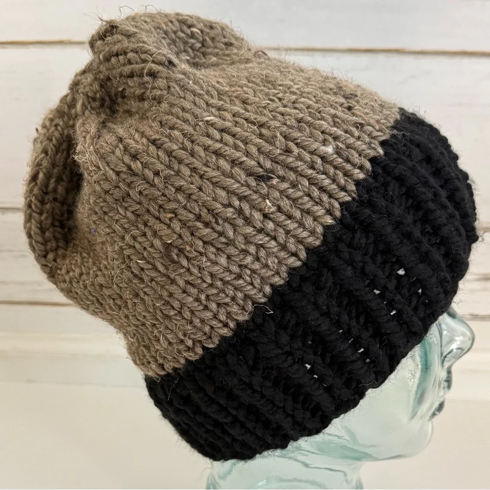 Handmade Knit Beanie – Taupe & Black Cozy Winter Hat
